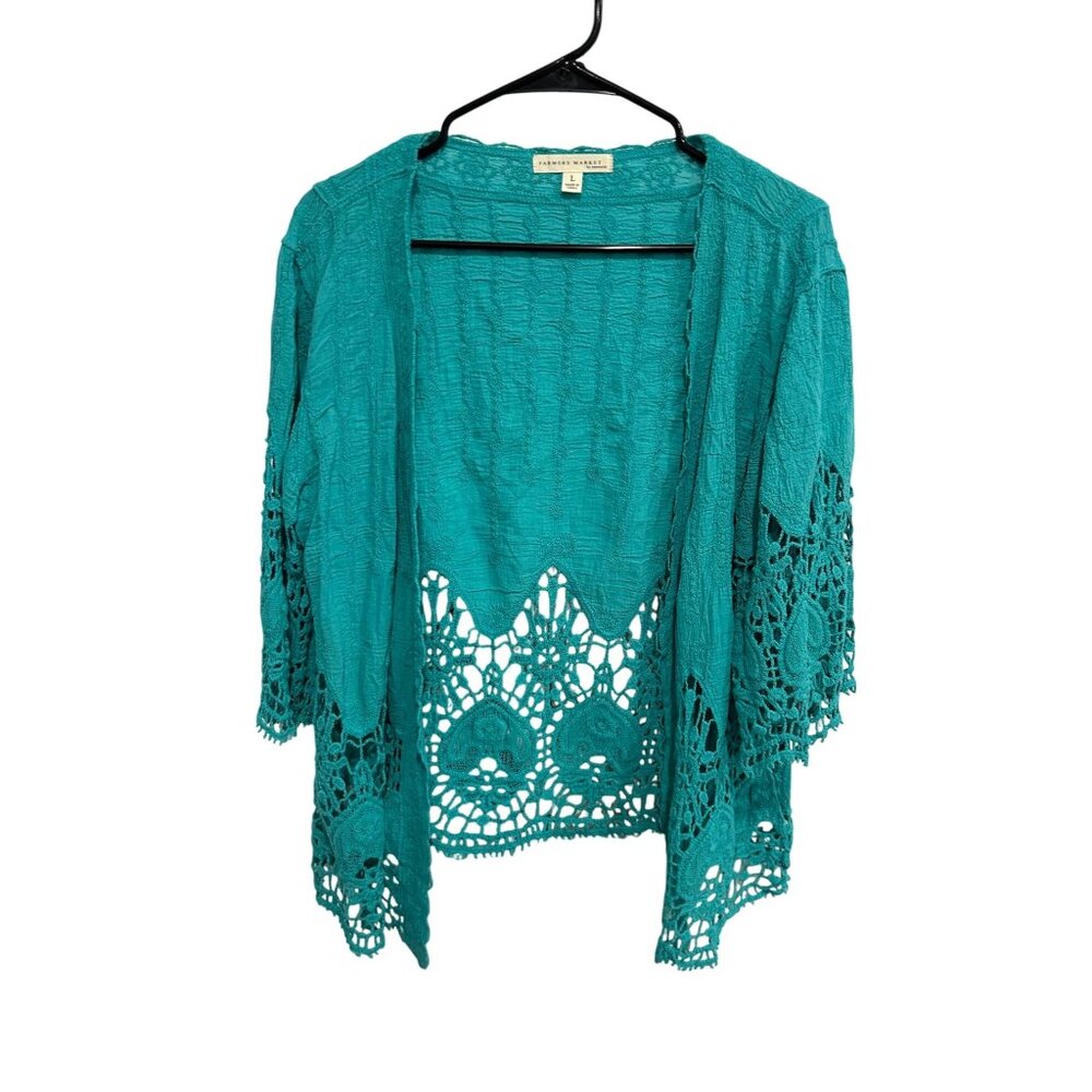 Farmers Market By Oneworld Lace Trim Open Front Cardigan Teal Sz Large Crinkle